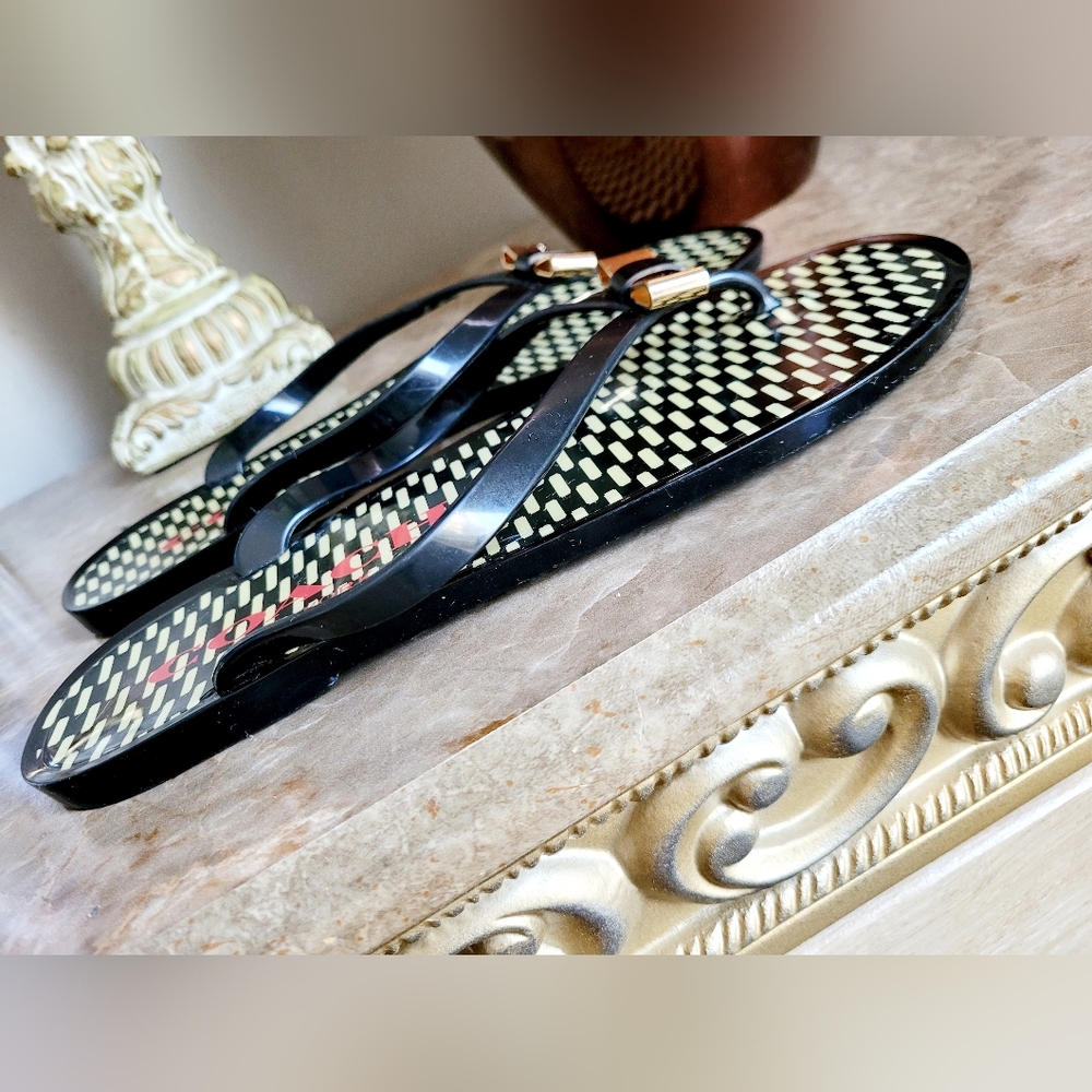 Coach Landon Women Patterned Jelly Thong Flip Flops Black/Ivory Logo Bow US 8.5 - Picture 7 of 16